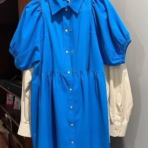 Bright Blue Entro Puff Sleeve Button-Front Dress